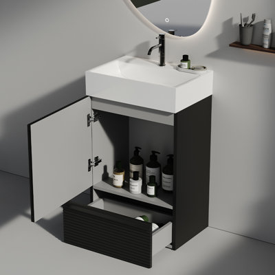 Meuble-lavabo autoportant contemporain noir mat avec lavabo en céramique et espace de rangement Modern