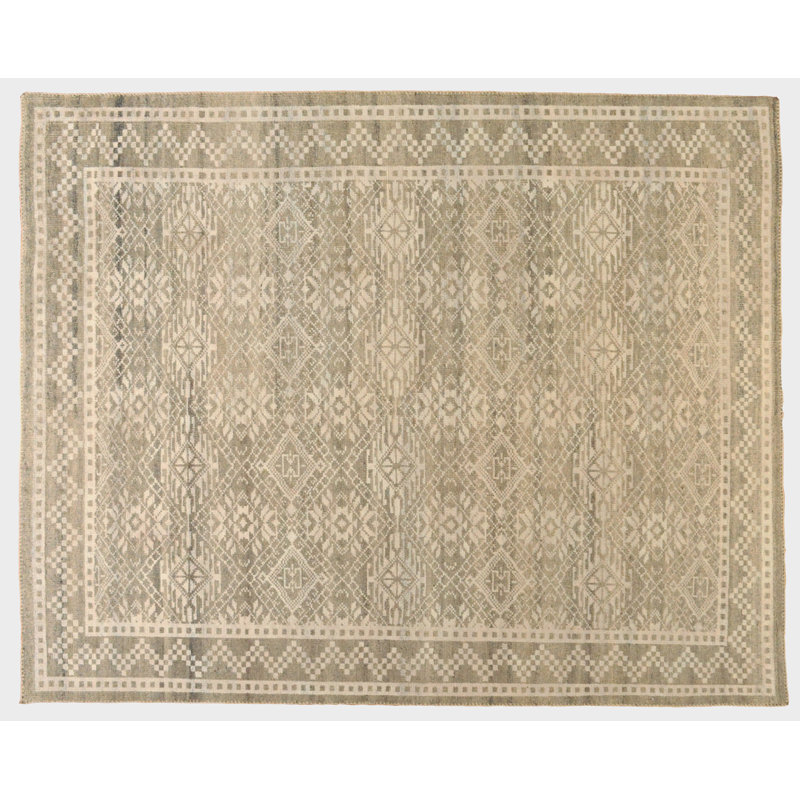 Tapis unique ivoire / brun noué à la main de conception unique 8 pi x 10 pi Indian