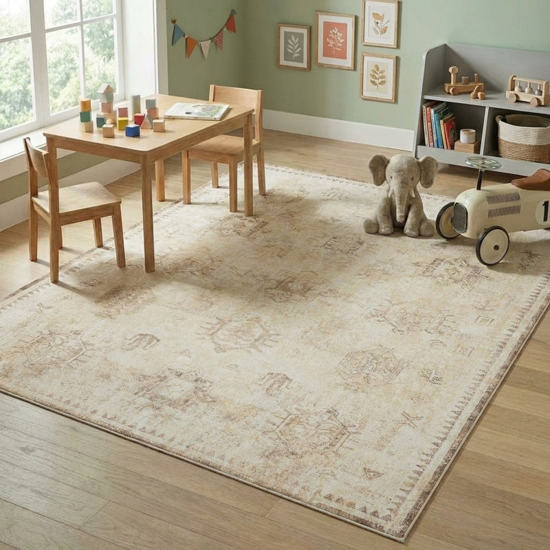 Machine Washable Traditional Vintage Beige/Ivory Waterproof Rug, Rectangle 5'3" x 7'