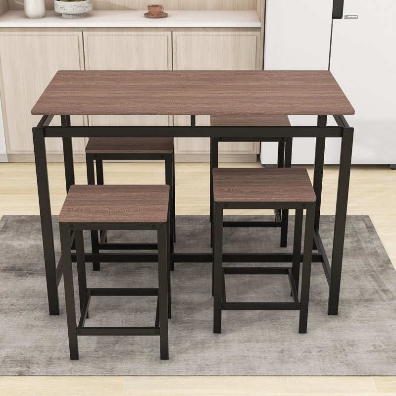 Galey Modern 5-Piece Dining Set, Dining Table with Steel Base and Nesting Stools, Dark Brown