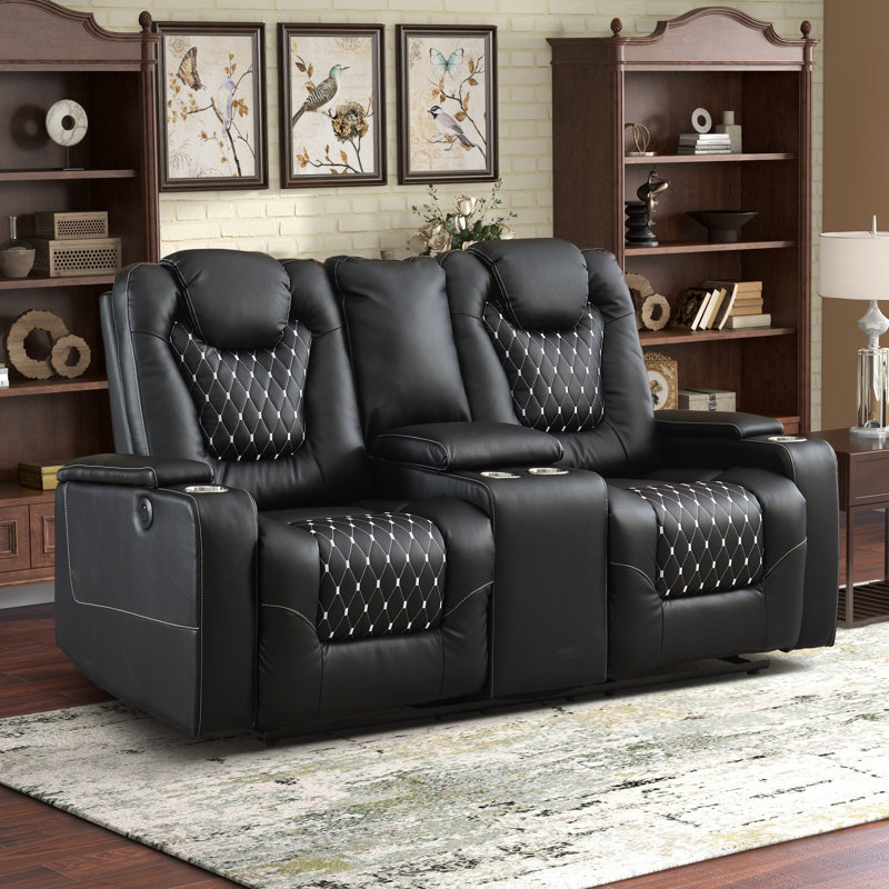 72.1'' Wide Modern Style Faux Leather Power Reclining Loveseat Sofa with USB & Arm Storage & Cup Holders, Black
