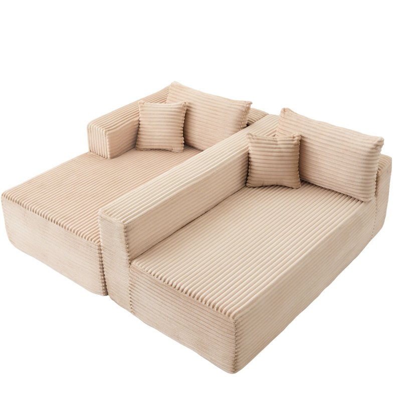 Velours côtelé modulaire minimaliste en forme de L beige sans os, méridienne confortable, assise profonde pour le salon