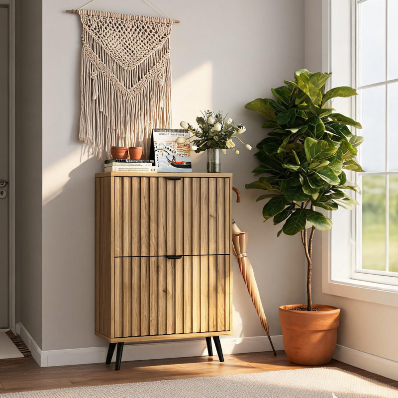 Shoe Storage Cabinet For Foyer, Hallway Slim Entryway Freestanding Wood Hidden Shoe Organizer With Flip Doors