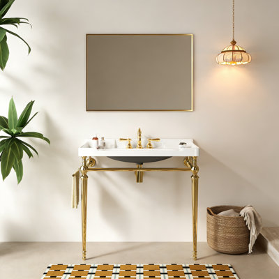 Lavabo de salle de bain 36 po, meuble-lavabo mural en céramique blanche avec 3 trous pré-percés, pieds de support autoportants en acier inoxydable avec barre à serviettes, sans robinet, couleur or