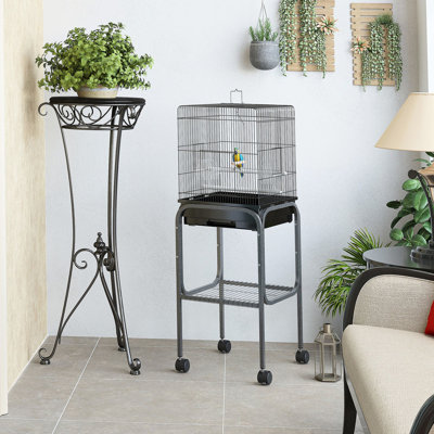 Cage à oiseaux en métal pour perroquets, 45 po - Volière spacieuse avec support amovible, panier de rangement et support pour perroquet noir de construction