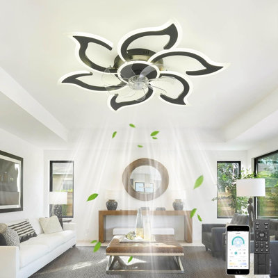 34 Inch Ceiling Fan With Lighting, Ceiling Fan Light With Fan Design, Dimmable Timed Silent Reversible 72W Ceiling Fan Light Fan Flower For Bedroom Kitchen (Color : Black)