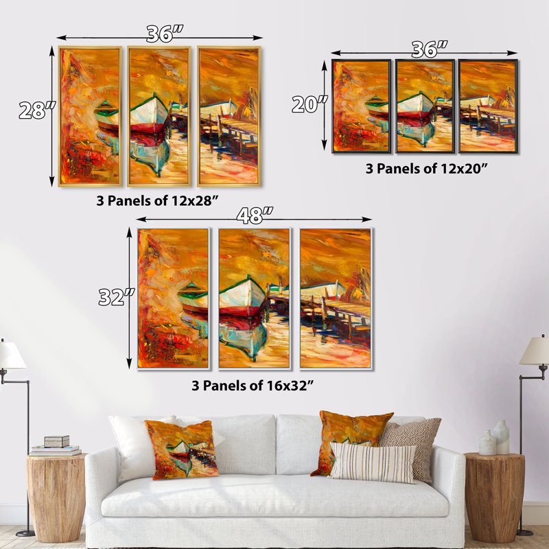 Bateaux blancs et rouges près de la jetée - ensemble d'art mural encadré nautique et côtier sur 3, H 28 po x l 36 po x P 1 po