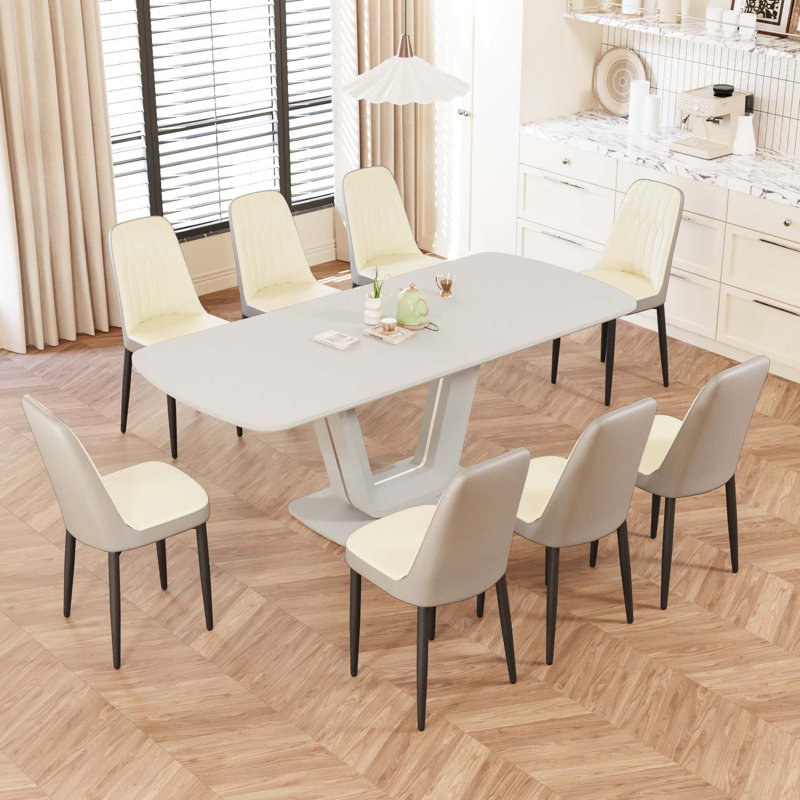 62.99-78.74" Expandable Dining Table Set For 2-8 People, With 8 PU Fabric Thick Padded Dining Chairs And An Dining Table, Kitchen Table And Chairs, With U-Shaped Table Legs