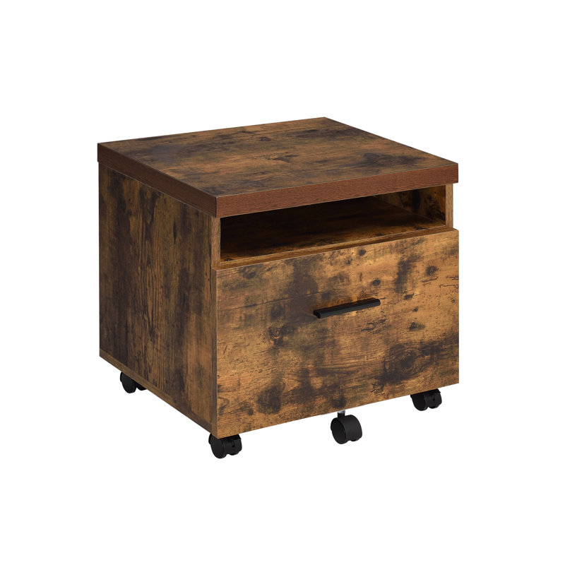 Classeur rectangulaire en chêne vieilli et assemblé, plateau en bois, pieds en métal, compartiment verrouillé avec rangement, poignée de tiroir verrouillable