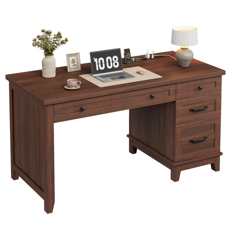 53.5" Executive Desk with Power Outlet, Home Office Desk with Drawers, Wooden Work Desk with File Cabinet, Computer Desk for Work, Study, Writing
