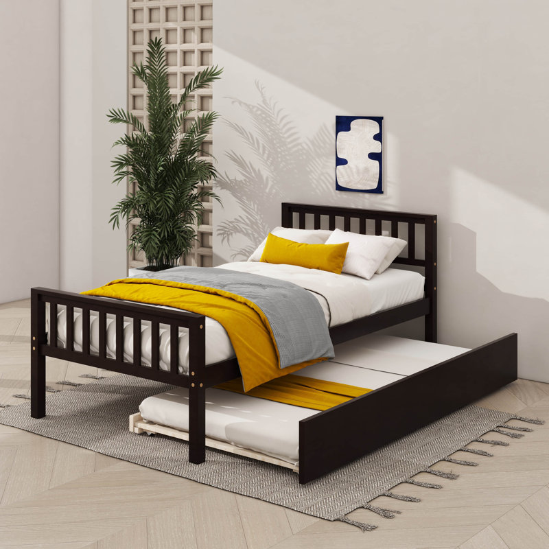 Structure de lit plateforme en bois robuste avec lit gigogne extensible, Espresso