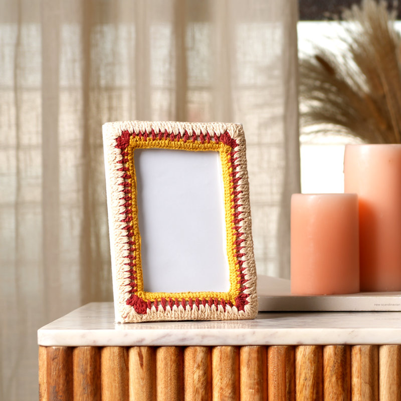 Handmade Crochet Photo Frame for 4" x 6" Pictures - Boho Decorative Tabletop Frame, Yellow/Red/Beige