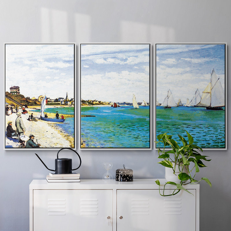 «Regatta At Saint Adresse» par Monet, reproduction sur toile 3 pièces, H 40 po x l 78 po x P 2 po, Blanc