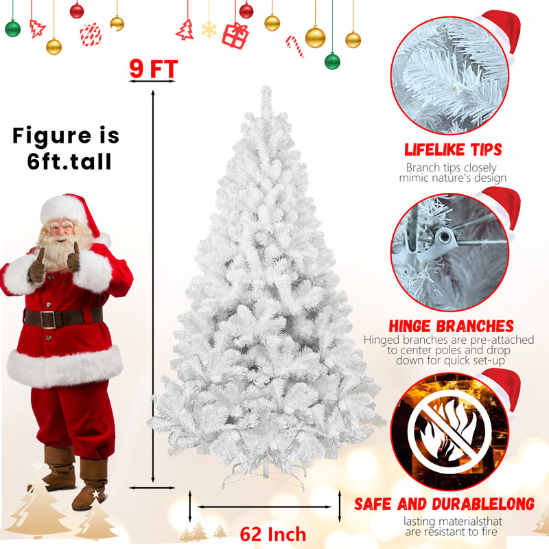 Arbre de Noël artificiel en PVC blanc non éclairé avec base en métal, 9 pi