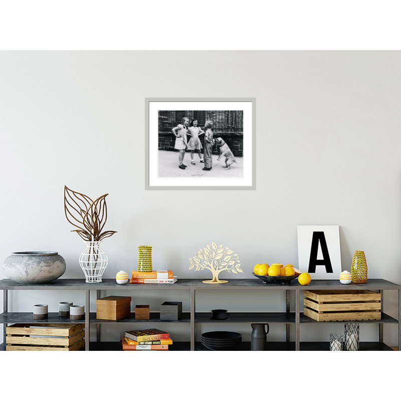 «Dog Eating Ice Cream Cone Hidden Be Back's Boy's Back» par William Milnarik, impression giclée encadrée, 23.5" H x 28.23" W