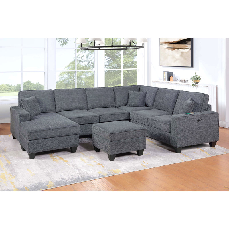Contemporary Style 5Pc Sectional Set Left Arm Loveseat With USB Port Corner Wedges Ottoman Armless Chairs Right Arm Loveseat With Chaise Slate Gray Finish Primary Living Room