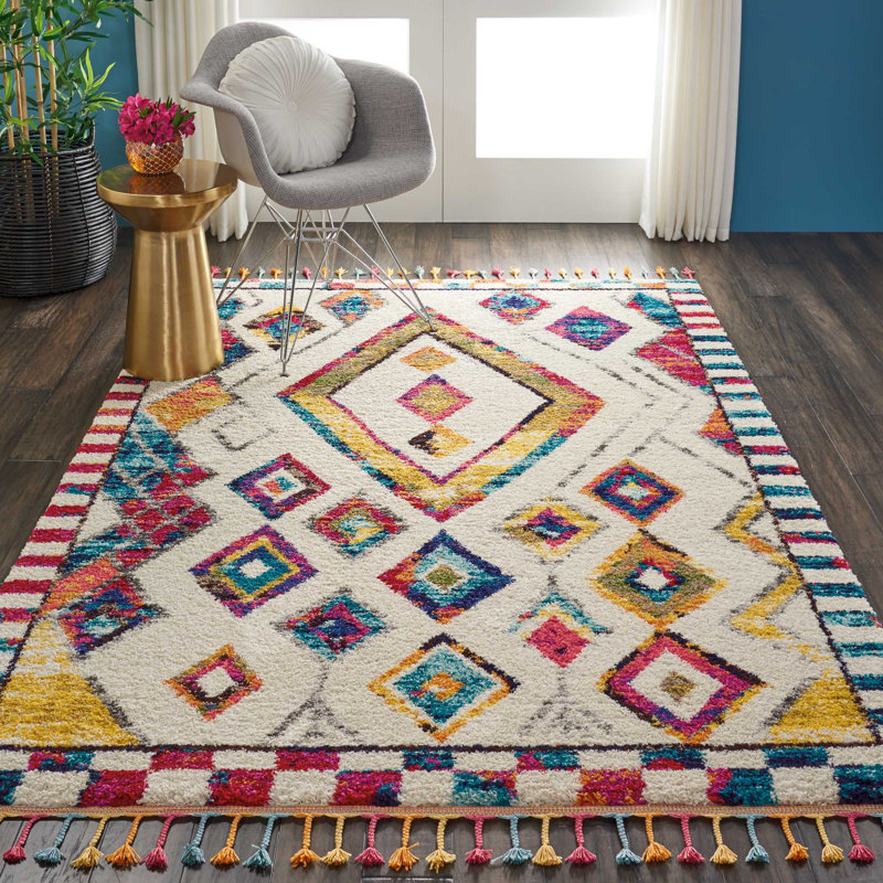 Tapis ivoire / jaune / rouge Raul, Rectangle 7 pi 10 po x 10 pi 6 po