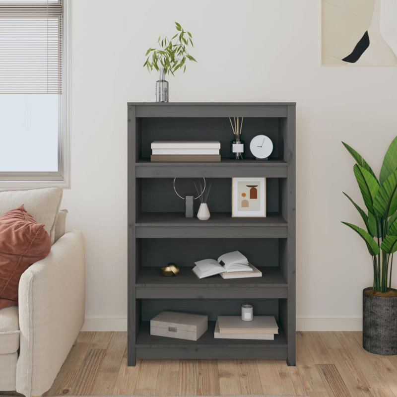 Inkster 125.5cm H Solid Wood Standard Bookcase, 126cm H x 80cm W x 35cm D, Grey