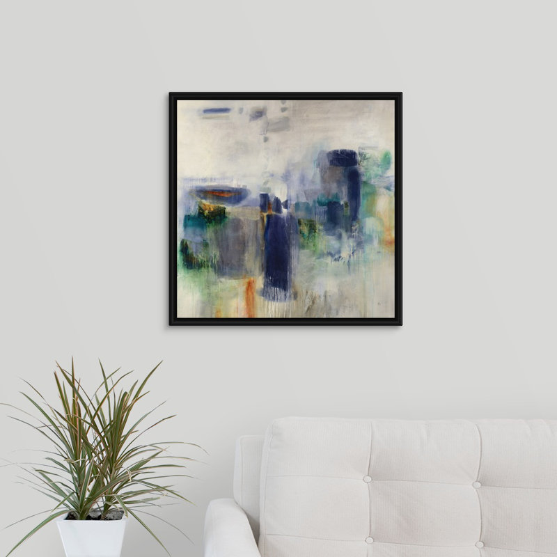 « stacking pierres », peinture sur toile, H 21,7 po x l 21,7 po x P 1,75 po, Cadre flottant noir