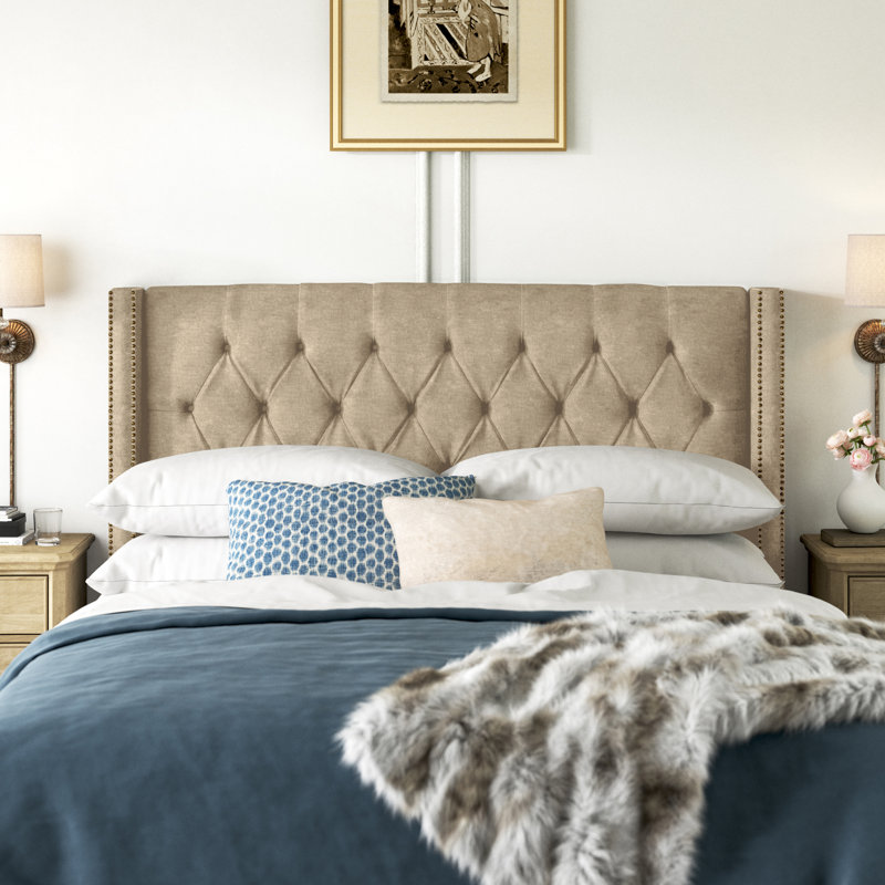 Whitingham Solid Wood Headboard, California King, Linen Sandstone, Brass