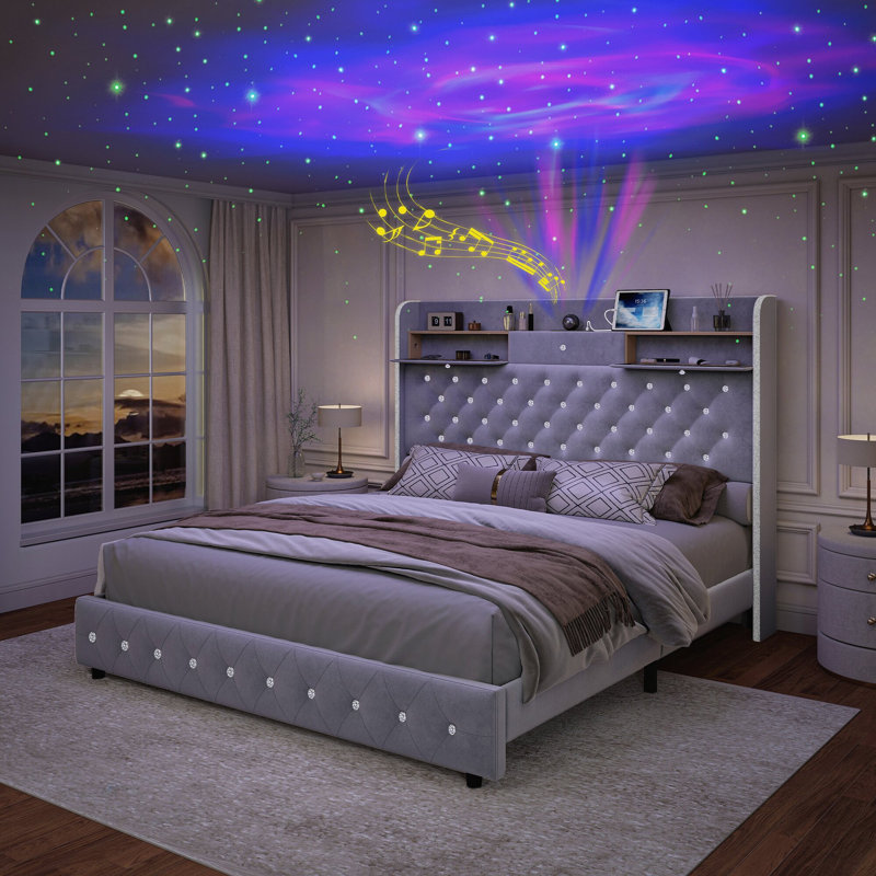 Cadre de lit à DEL avec tête de lit avec rangement et projecteur étoilé Galaxy Aurora, cadre de lit capitonné à losanges