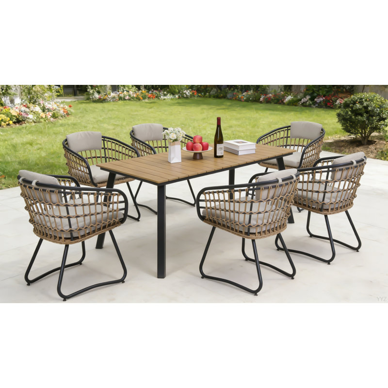 Ensemble repas 7 pièces en osier avec table en bois d'acacia
