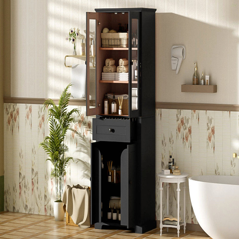 67.57" Tall Bathroom Storage Cabinet With Tempered Glass Doors, Adjustable Shelves & Drawer – Modern Freestanding Linen Tower, Soft-Close Design