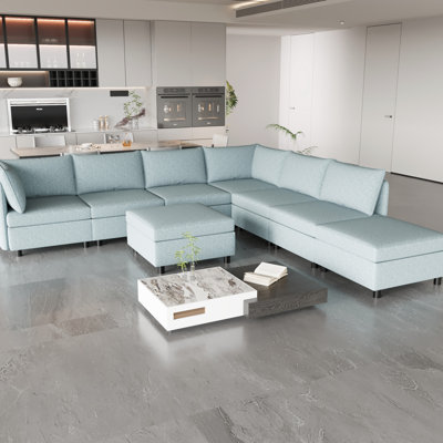 Canapé-lit modulaire en chenille, bleu antique, 8, 132,77 po Profondeur, 124,16 po Largeur, 31,85 po Hauteur convertible avec rangement, tissu chenille bleu