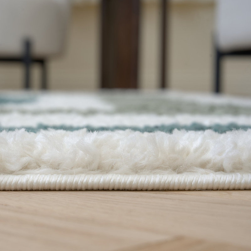 Moodi Modern Shaggy Area Rug Geometric Border Design, Round 120 cm, Off-White/Green