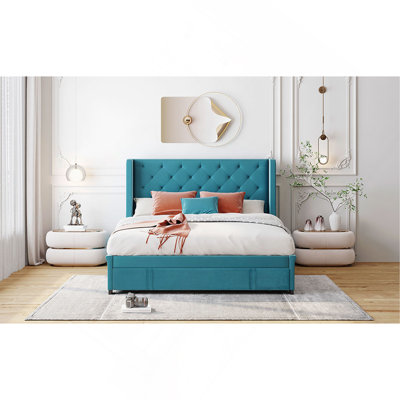 Luxurious Velvet Upholstered Storage Bed With Wingback Headboard And Sturdy Construction