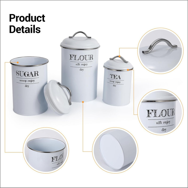 Kitchen Canisters Set Of 3, Food Storage Containers For Countertop, Large Airtight Flour Sugar Tea Containers With Lids, White Farmhous Decor,Type C