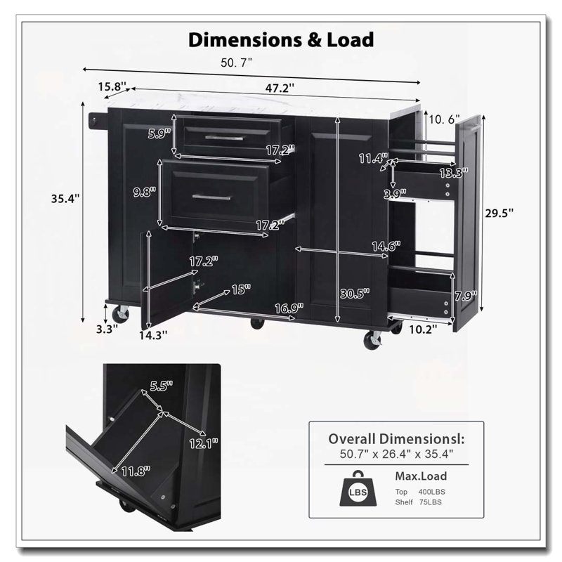 Rolling Kitchen Island with Storage Tilt Trash Can Cabinet and Pull Out Cabinet Organizer, Black