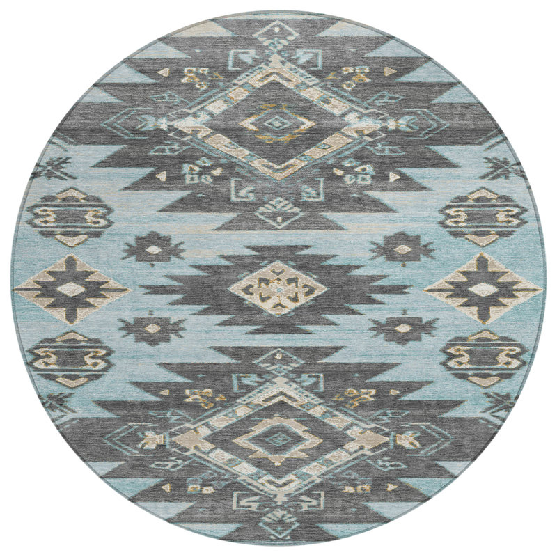 Machine Washable Indoor/Outdoor Xhevrie Teal Rug, Round 8'