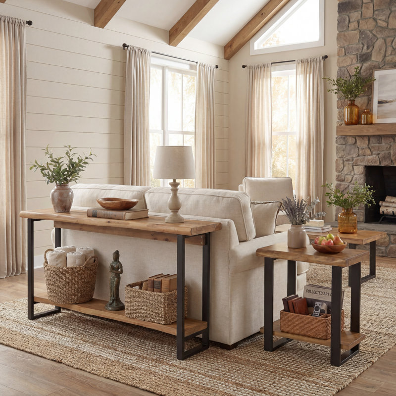 Ensemble de console et de table d'appoint en bois massif à bords vifs, ensemble de salon de ferme avec 1 console d'entrée et 1 table d'appoint