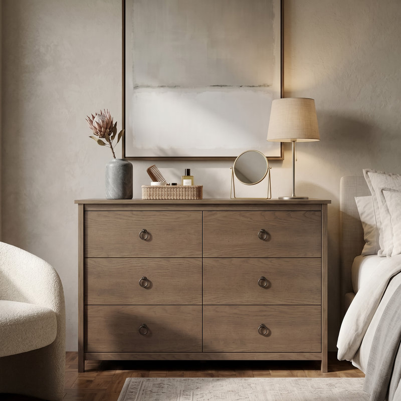Mucci 47"W Solid Wood Transitional Modern Brown 6 Drawer Dresser, Dark Brown Oak
