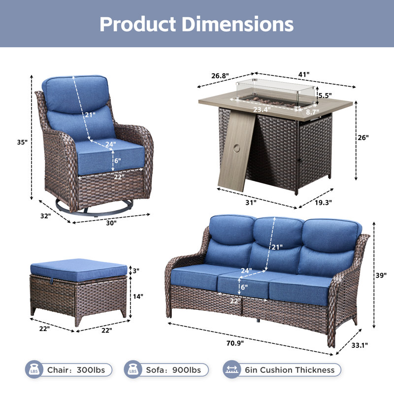 Ensemble de conversation pour canapé en osier 6 pièces avec chaises berçantes et foyer d'extérieur, Bleu, Brun