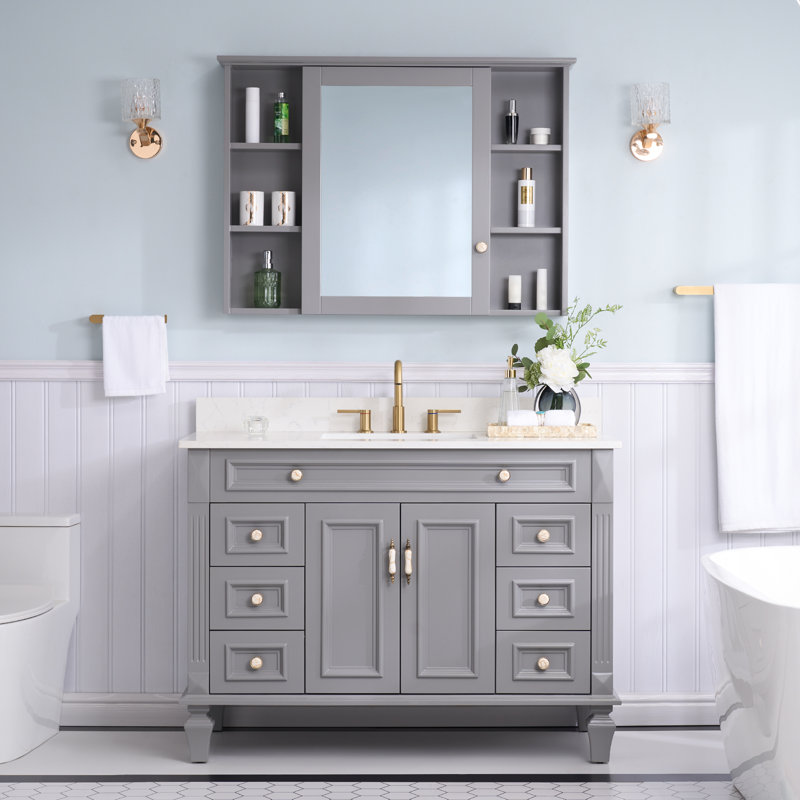 Elmmanual 35'' H X 48" W Solid Wood Bath Vanity with Stain-resistant Carrera White Quartz Top and Single Sink, Titanium Gray