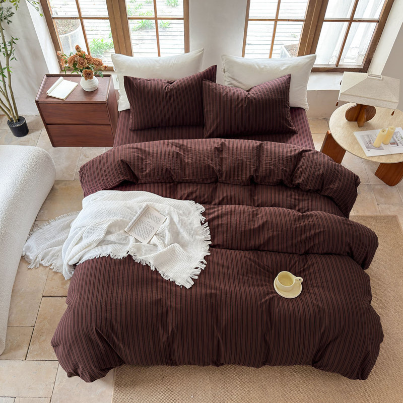 Ensemble de housse de couette rayé 100% coton délavé DONEUS, Housse de couette pour lit simple + 1 taie d'oreil