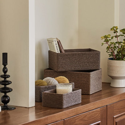 Ensemble de 4 paniers de rangement en corde de papier tissé avec doublure en tissu, bac de rangement polyvalent empilable, brun