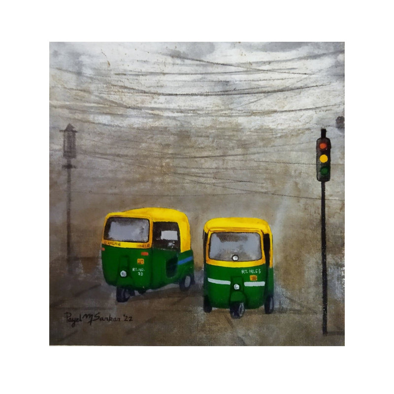 «Auto Rickshaw on Signal», peinture acrylique sur toile par Payel Mitra, art mural contemporain de 20 po x l 20 po, scène de rue indienne