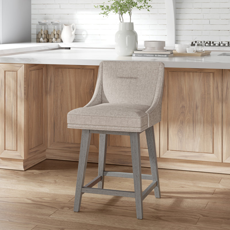 Tabouret pivotant à hauteur réglable en bois et rembourré Dorreen, Gruau, Gris délavé