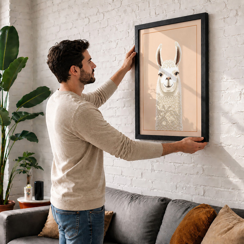 Gentle Llama Minimalist - Framed Print, A2 - 59.4 x 42.0 cm, Black