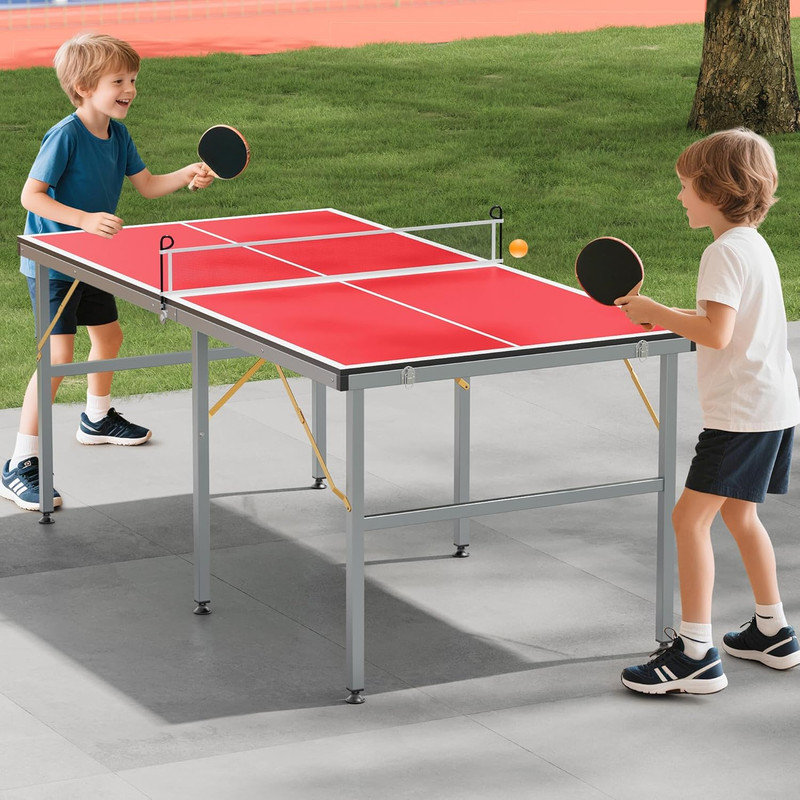 Table de ping-pong pliable 6 x 3 pi, table de tennis portable intérieure / extérieure avec raquettes et balles, Rouge