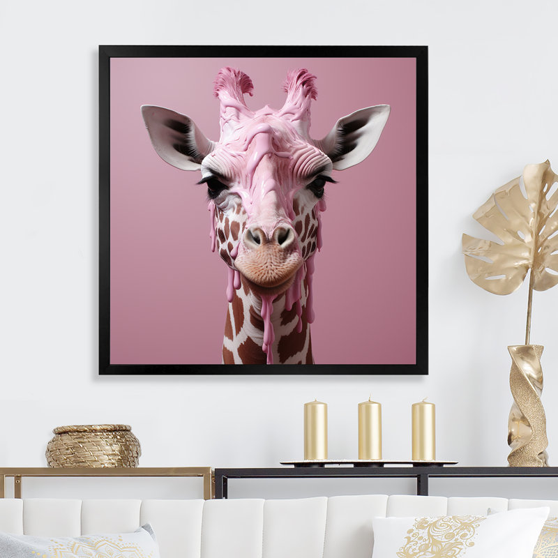 Girafe rose, position romantique sur toile, H 36 po x l 36 po x P 1,5 po, Cadre simple noir