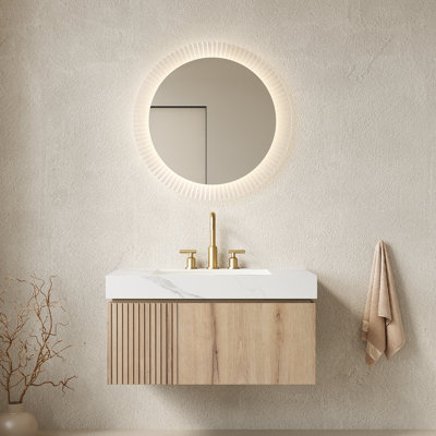 Meuble-lavabo de salle de bain 36 po MURI, armoire de rangement en contreplaqué flottant avec tiroir et porte, plateau en pierre frittée blanc Carrara et lavabo en céramique avec 3 trous de robinet pré-percés, pré-assemblé, grain de bois de chêne blanc - céramique, pierre frittée - ensemble 2 pièces