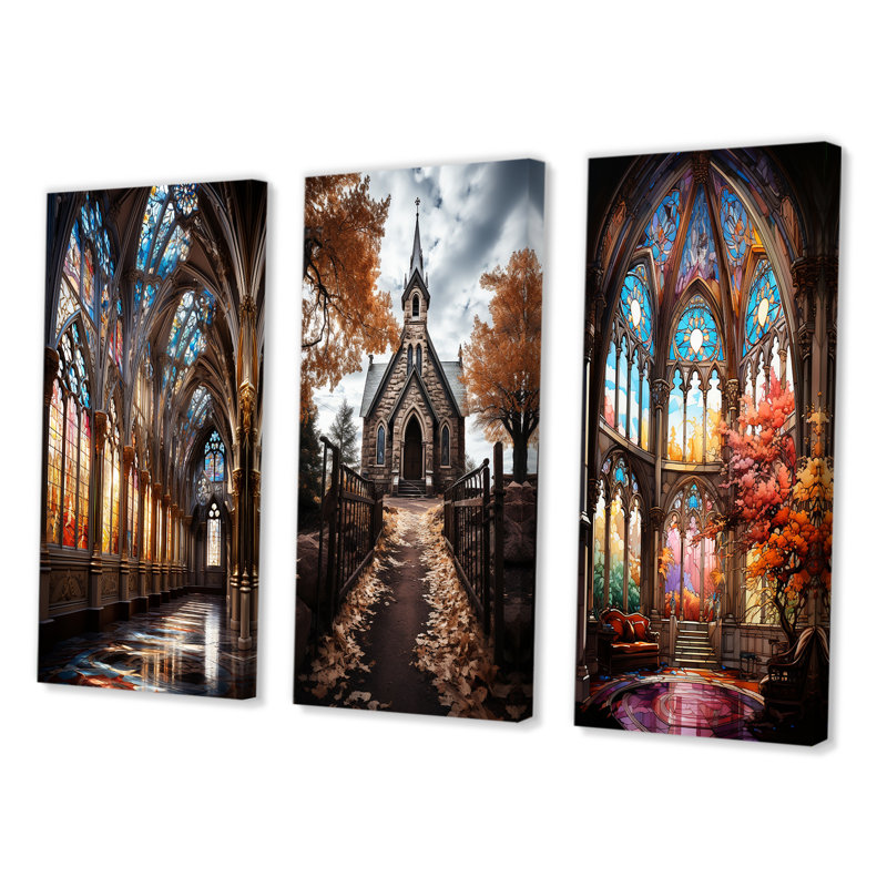 «Vitrail d'église», 3 pièces sur toile, Toile tendue, H 20 po x l 36 po