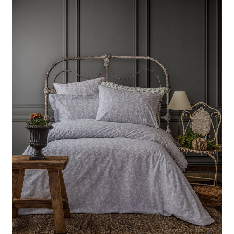 Cotton Duvet Cover with Pillowcases, Floral, Double - 2 Standard Pillowcases, Grey/White