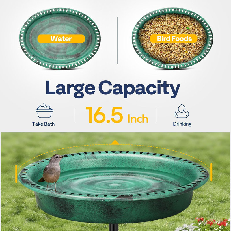 Green Polyresin Oval Bird Bath Bowl with Solar Fountain and Metal Stake