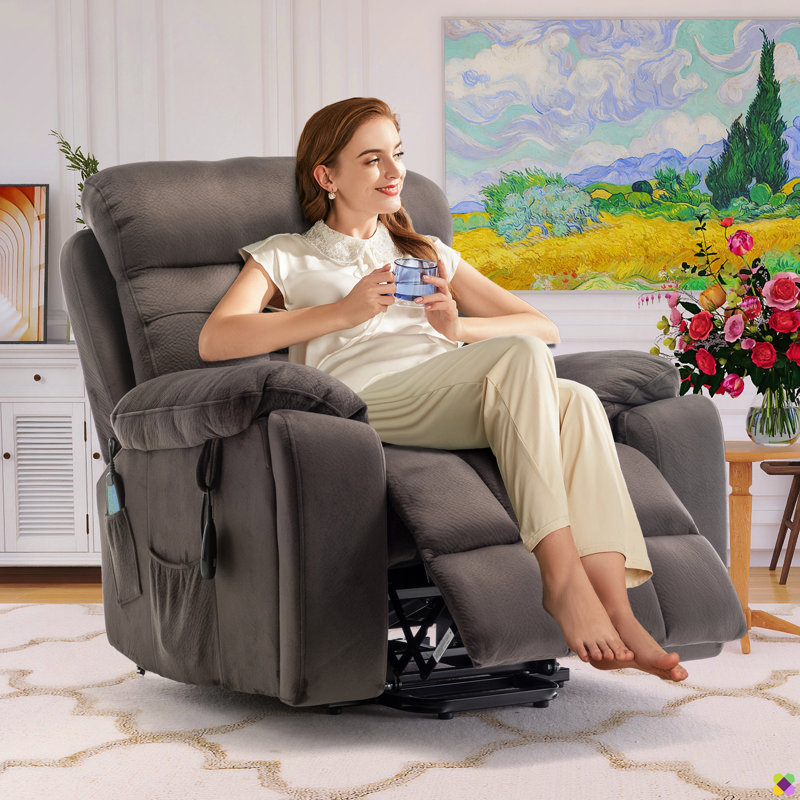 Annettia 40.94"W Oversize Upholsetery Liftable Massage Heater Power Recliner, Cup Holders, Dual Remote