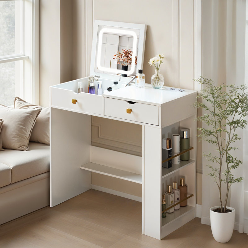 Coiffeuse Yenitza avec miroir éclairé et station de charge, Blanc